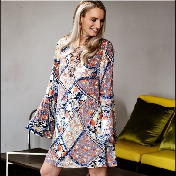 NWT Mix Print Bell Sleeve Dress - Picture 3 of 4